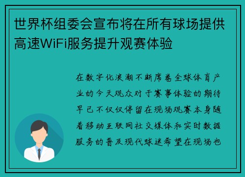世界杯组委会宣布将在所有球场提供高速WiFi服务提升观赛体验